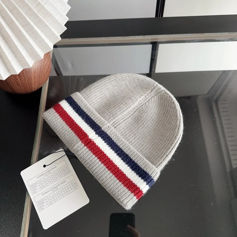Moncler Kids Light Grey Beanie with Navy & Red Stripe Detail